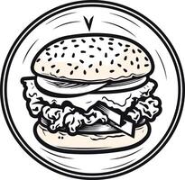 A classic, hand-drawn illustration of a juicy burger with all the fixings, perfect for adding a retro feel to your food beverage designs vector