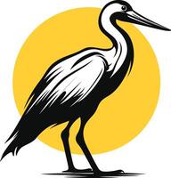A striking black and white illustration of a heron standing in front of a yellow sun vector
