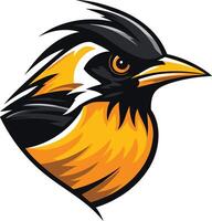 A bold, stylized illustration of a bird's head, featuring sharp lines and vibrant orange and black colors vector