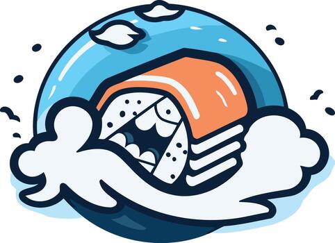 A fun and quirky cartoon illustration of a sushi roll with a mischievous expression, flying through the air in a burst of clouds vector