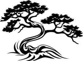 Silhouette of a bonsai tree with intricate branches and a twisted trunk vector
