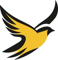 A modern and dynamic bird logo design, featuring a yellow bird with black wings in a soaring pose vector