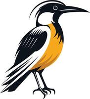 A bold, stylized illustration of a bird with black and white feathers, a yellow chest, and a sharp beak vector