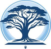 A stylized blue tree silhouette with intricate branches, set against a soft blue circular background vector