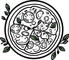A simple, hand-drawn illustration of a pizza with various toppings, surrounded by green leaves vector