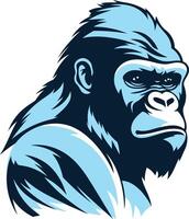 A powerful and stylized illustration of a gorilla's face, captured in a blue and black color scheme vector