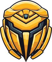A fierce and futuristic robot head, rendered in a bold, cartoon style vector