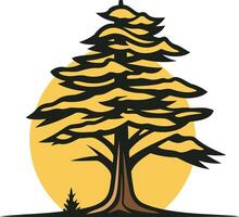 A simple and bold illustration of a cedar tree with a stylized sun behind it vector