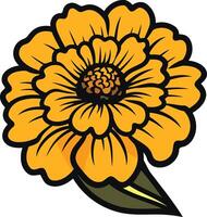A bright, stylized yellow flower with a bold outline and a single green leaf vector