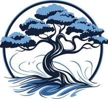 A stylized, circular logo design featuring a blue bonsai tree with swirling waves around its base vector