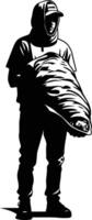 A stark silhouette of a hooded man holding a large, mysterious object in his arms vector