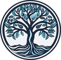 A stylized tree of life logo, with a circular frame and blue leaves and roots vector