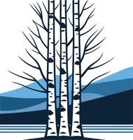 A minimalist design of three birch trees standing tall against a stylized landscape of mountains and water vector