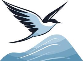 A stylized bird with black and blue wings flying above a blue wave vector
