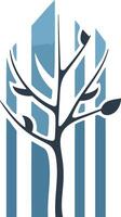Abstract stylized tree logo design with blue stripes in the background vector
