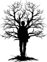Silhouette of a man standing within the branches of a bare tree vector
