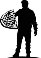 A bold silhouette of a man holding a large slice of pizza, perfect for creating a fun and impactful image for your food-related project vector