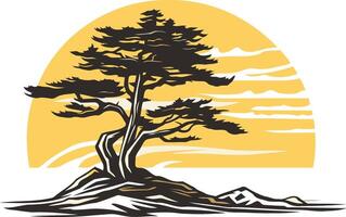 A striking illustration of a lone tree on a rocky outcrop, silhouetted against a setting sun vector