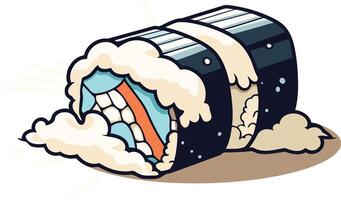 Cartoon illustration of a large sushi roll, half-eaten, with a playful expression vector