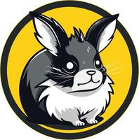 Cute cartoon rabbit with big ears and black and white fur in a circular frame with yellow background vector