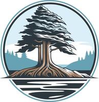 A stylized evergreen tree stands tall within a circular frame, its roots reaching out into a calm body of water vector