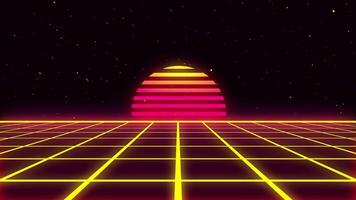 Abstract retro wave cyber style 80s-90s futuristic technology grid wireframe backdrop. Digital landscape neon dance style retro party laser pattern background. video