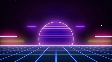 Abstract retro wave cyber style 80s-90s futuristic technology grid wireframe backdrop. Digital landscape neon dance style retro party laser pattern background. video