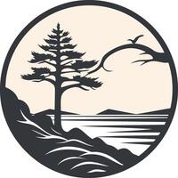 Simple, elegant logo featuring a lone pine tree by a lake vector