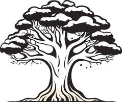 Black and white illustration of a large, stylized tree with thick branches and a wide, spreading canopy vector
