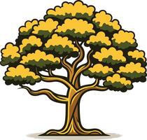 A cartoon-style illustration of a large, robust tree with green leaves and yellow branches vector