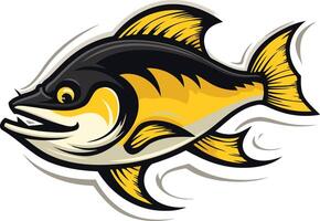 A friendly cartoon fish with a yellow and black color scheme, perfect for branding a fishing business or creating fun merchandise vector