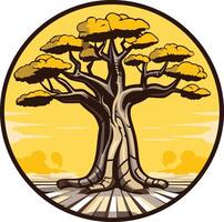 A stylized illustration of a majestic baobab tree with a thick trunk and spreading branches, set against a sunset sky vector