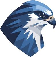 A striking, geometric illustration of a falcon's head, with sharp angles and bold blue and white tones vector