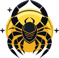 Stylized illustration of the scorpio zodiac sign with a black scorpion on a yellow circular background vector