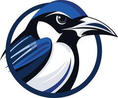 A bold and striking logo featuring a stylized blue jay head within a circle vector