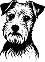 A striking black and white illustration of a scruffy terrier dog, looking directly at the viewer vector
