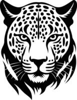 Black and white illustration of a fierce leopard head in a bold and powerful style, perfect for tattoo designs, branding, or any project requiring a strong animal motif vector