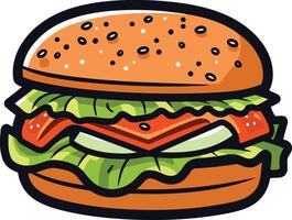 Cartoon illustration of a juicy hamburger with lettuce and tomato vector