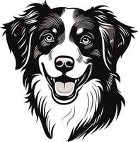 A black and white illustration of a friendly, smiling dog's head vector