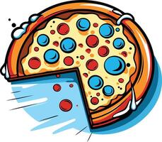 A delicious pizza with a missing slice, depicted in a retro comic book style vector