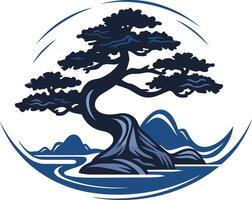 A stylized bonsai tree with intricate branches, set against a background of stylized hills and water vector