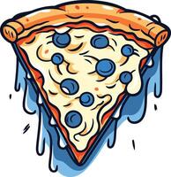 A cartoon slice of pizza with blueberries, dripping with cheese and sauce vector