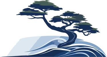 A stylized illustration of a lone tree with its roots submerged in waves, representing resilience and growth amidst challenges vector