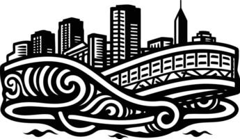 A unique and artistic black and white illustration of a city skyline with a decorative wave motif vector