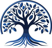 A stylized blue tree with deep roots and a circular canopy, symbolizing growth, connection, and resilience vector