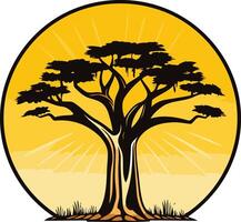 A powerful silhouette of a large, ancient tree against a vibrant sunrise, conveying strength, longevity, and connection to nature vector