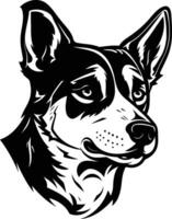 A striking black and white illustration of a dog's head, capturing its alert expression and soulful gaze vector