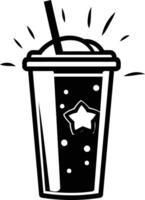 A simple, black and white illustration of a frosty beverage with a straw and a star vector
