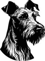 A bold and detailed black and white illustration of a wirehaired fox terrier's head, perfect for creating unique branding, logos, and print designs vector