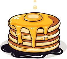 A cartoon illustration of a stack of delicious pancakes, drizzled with golden syrup and a pat of butter melting on top vector